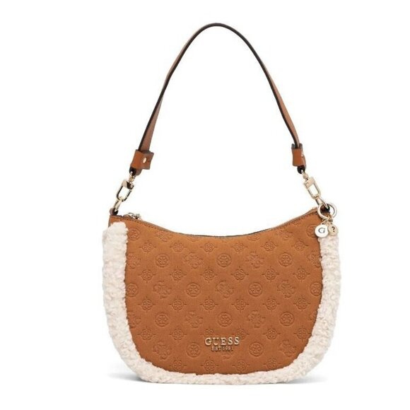 GUESS Davika Quattro G faux-suede Sherpa trim hobo shoulder bag - Cognac/Tan - Picture 1 of 15